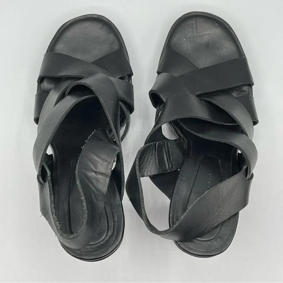 Zara Black Leather Chunky High Heel Sandals Size 6.5 - Picture 5 of 9